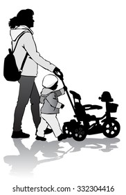 Mother rolls the baby in the stroller for a walk 