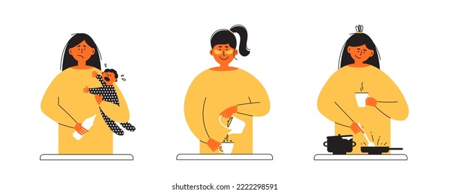Mother routine vector illustrations set. Tired mom holding feeding crying baby. Young woman relax pouring drinking coffee in cup. Self, body care. Female character cooking homemade meal food on stove