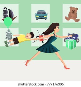 mother running at toy store with kid - funny vector cartoon illustration in flat style