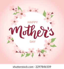 Mother s day banner with cherry blossom, greeting card template, vector illustration with hand drawn lettering