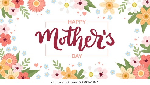 Mother s day banner with flowers, greeting card template, vector illustration with hand drawn lettering