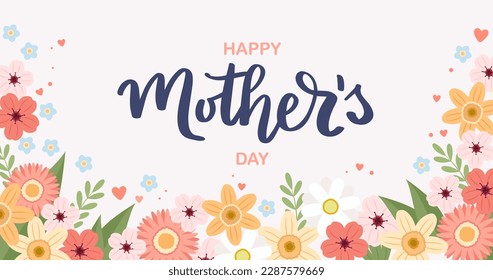 Mother s day banner with flowers, greeting card template, vector illustration with hand drawn lettering