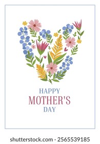 Mother s Day card with flower heart on white background. Vector illustration for greeting card, cover, label design