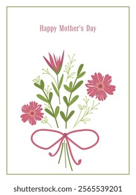 Mother s Day card with flowers and text on white background. Vector illustration for greeting card, cover, label design