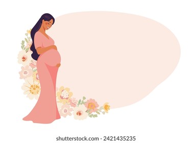 Tarjeta del día de la madre, mujer embarazada con flores y lugar para el texto, linda mujer esperando el nacimiento de un bebé, concepto de maternidad, embarazo, familia. Ilustración de la caricatura Vector lo.