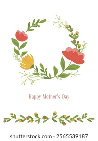 Mother s Day card with tulip flowers wreath on white background. Vector illustration for greeting card, cover, label design