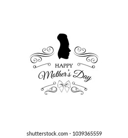 Mother s day card. Vintage frames with woman s silhouettes. Bow icon, flourish and ornate elements. Vector illustration.