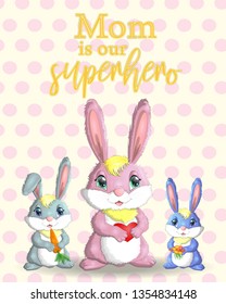 Mother s Day greeting card. Rabbit holding heart. Mom you are best. I love you mom