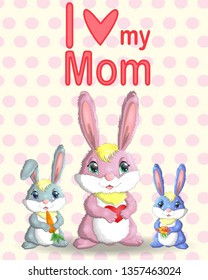 Mother s Day greeting card. Rabbit holding heart. Mom you are best. I love you mom