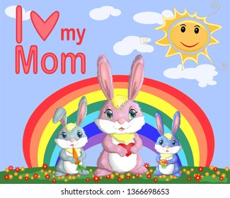 Mother s Day greeting card. Rabbit holding heart. Mom you are best. I love you mom