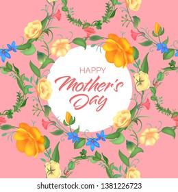 Mother s day greeting card with blossom flowers. Beautiful seamless design with typography. Garden plants with leaves.