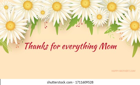 Mother s day greeting card with beautiful blooming flowers and drawn leaves. Happy Mother s Day. Light background Vector illustration