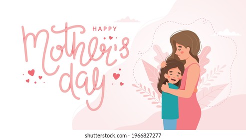 Mother s day greeting card. Mother and child hugging and lettering. Vector illustration concept in flat style