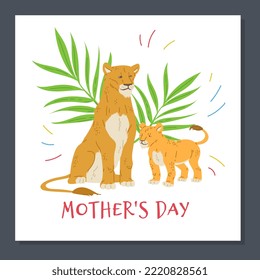 Mother s day greeting card, lioness together with her cub - flat vector illustration. Wild animals with concepts of family and motherhood. Cute little baby lion with mother.