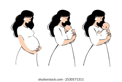 Mother s day. Pregnancy and motherhood illustration set, pregnant woman, mother with child. Hand drawn vector sketch. Vector isolated on white background.