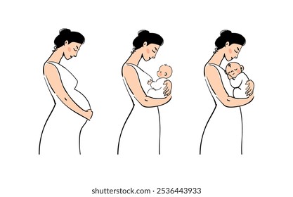 Mother s day. Pregnancy and motherhood illustration set, pregnant woman, mother with child. Hand drawn vector sketch. Vector isolated