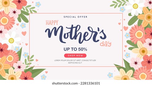 Mother s day sale banner with flowers and hand drawn lettering, vector illustration in flat style