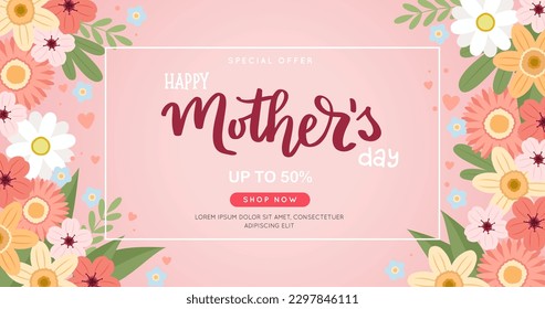 Mother s day sale banner with flowers and hand drawn lettering, vector illustration in flat style