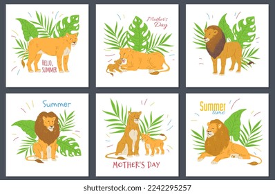 Mother s day and summer greeting cards with lions, flat vector illustration. Set of posters with lioness taking care of her cub. Hello summer inscription. Wild African animals.