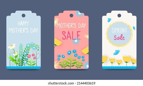 Mother s Day tags, labels with spring flowers, butterflies and inscriptions. Trendy design with hand strokes and pastel colored flowers. Modern minimalist style. Vector illustration