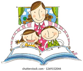 Mother Saying Bed Time Story To Her Children