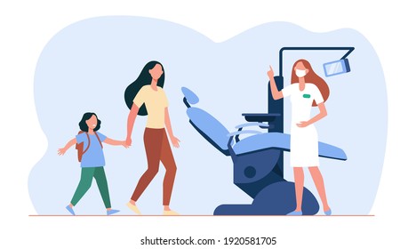 Mother and scared girl going to dentist. Caries, tooth, chair flat vector illustration. Stomatology and dentistry concept for banner, website design or landing web page