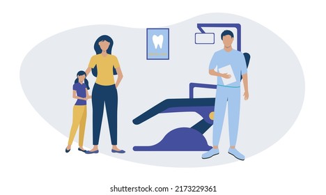 Mother and scared girl going to dentist. Caries, tooth, chair flat vector illustration. Stomatology and dentistry concept for banner