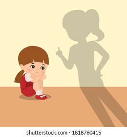 Mother scold daughter for being naughty. Parenting clip art. Girl feeling sad, scared and being disciplined by her mom. Flat vector isolated on white background.