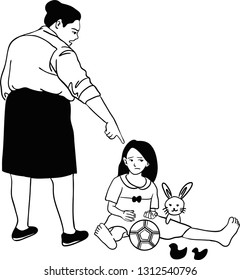 The mother scold her daughter with toy like bunny, ball and ducks.