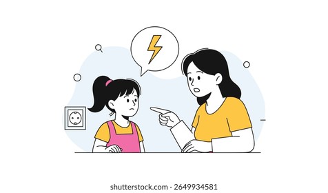 Mother scolding child about electrical outlet safety teaching danger avoidance and preventing harm