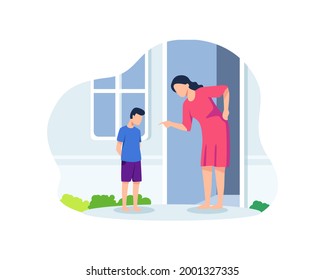 Mother Scolding Her Son. Bad Parenting Concept, Annoyed Parent Screaming To Guilty Child Pointing Finger. Disobedience, Conflicts Between Parents And Children. Vector Illustration In A Flat Style