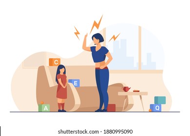 Mother scolding little daughter. Mom shouting at kid, toys, home flat vector illustration. Problem in family, childhood, abuse concept for banner, website design or landing web page