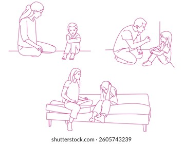 mother scolding offended naughty little daughter pointing finger 