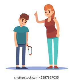 Mother scolds her child for misbehaving. Schoolboy bad behavior. Angry mom screams and punishes teenager son. Kids and parents conflict relationships cartoon flat isolated vector concept