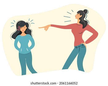 The mother scolds her daughter, accusing her. The daughter is very upset and worried. Wrong upbringing. The concept of internal conflict between children and parents. Vector illustration. Flat style.