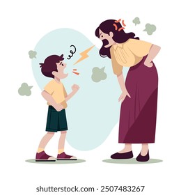 Mother screams at child. Family conflicts and child abuse. Angry mom and her son. Adult woman and a boy are yelling at each other. Vector illustration isolated on white.