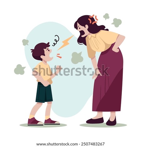 Mother screams at child. Family conflicts and child abuse. Angry mom and her son. Adult woman and a boy are yelling at each other. Vector illustration isolated on white.