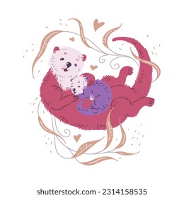 Mother sea otter swims with her sleeping cute baby and smiles against the background of beige plants, floral drawings and hearts. Cute cartoon sea otters lovely family. Vector illustration