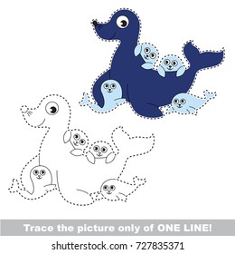 Mother Seal and her Babies to be traced only of one line, the tracing educational game to preschool kids with easy game level, the colorful and colorless version.