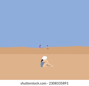 Mother seeing child playing on the sand near the beach. Family summer vacations. Mother's day. Children's day. Enjoyment and holiday concept.