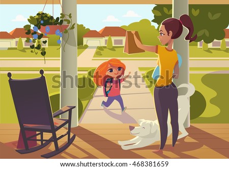 Mother seeing daughter off to school standing on the porch of the house, sends her a snack. Bright morning street with sunny , rocking chair, and cheerful white dog.