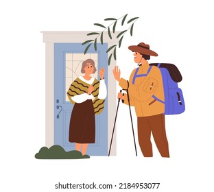 Mother Sees Adult Son Off. Man Hiker Going Hiking, Trekking On Holiday, Leaving Home, Waving With Hand To Old Parent, Standing On Porch Of House. Flat Vector Illustration Isolated On White Background