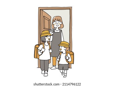  Mother sending out elementary school children, comical handwritten person vector, simple coloring on line drawing
