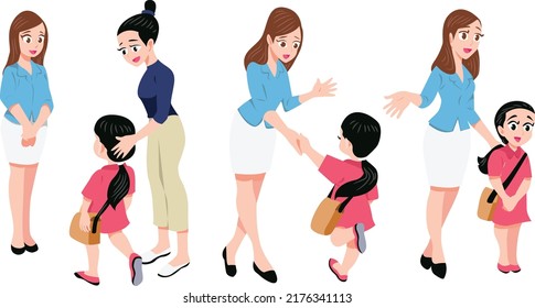 A mother sends her child to school on the first day.