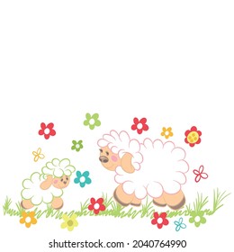 mother sheep and her calf in the field with flowers