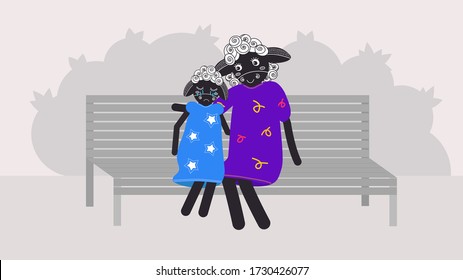 Mother Sheep and her daughter sitting on the bench in the park. Crying kid and comforting and supporting parent. Vector illustration with isolated layers for animation, motion design, web page, app.