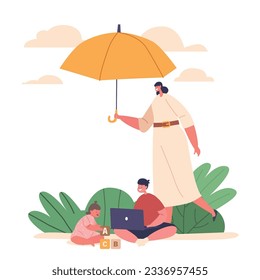 Mother Shield Little Kids Under An Umbrella, Symbolizing Family Protective Embrace. It Embodies The Concept Of Safety