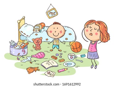 Mother is shocked by the mess in the kid's room, colorful vector illustration