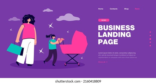 Mother with shopping bag and daughter pushing baby carriage. Woman and girl on walk with newborn child in pram flat vector illustration. Family, parenting concept for banner or landing web page