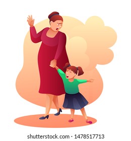 Mother Shouting At Child Flat Vector Illustration. Angry Mom And Crying Daughter Yelling At Each Other Cartoon Characters. Parent Scolding Child Because Of Bad Behavior, Kid Tantrum Isolated Clipart